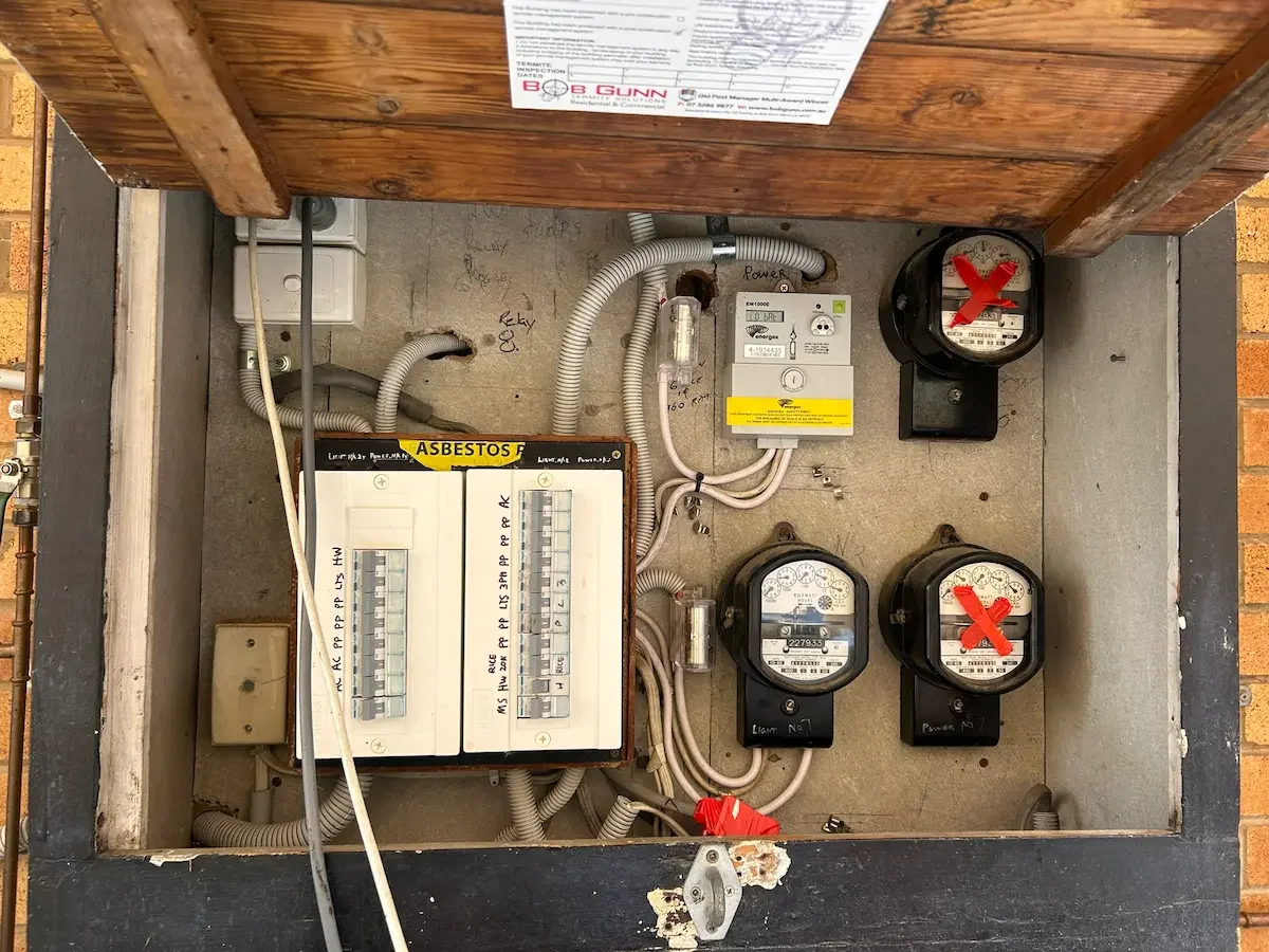 Ageing asbestos backed switchboard requiring safe removal