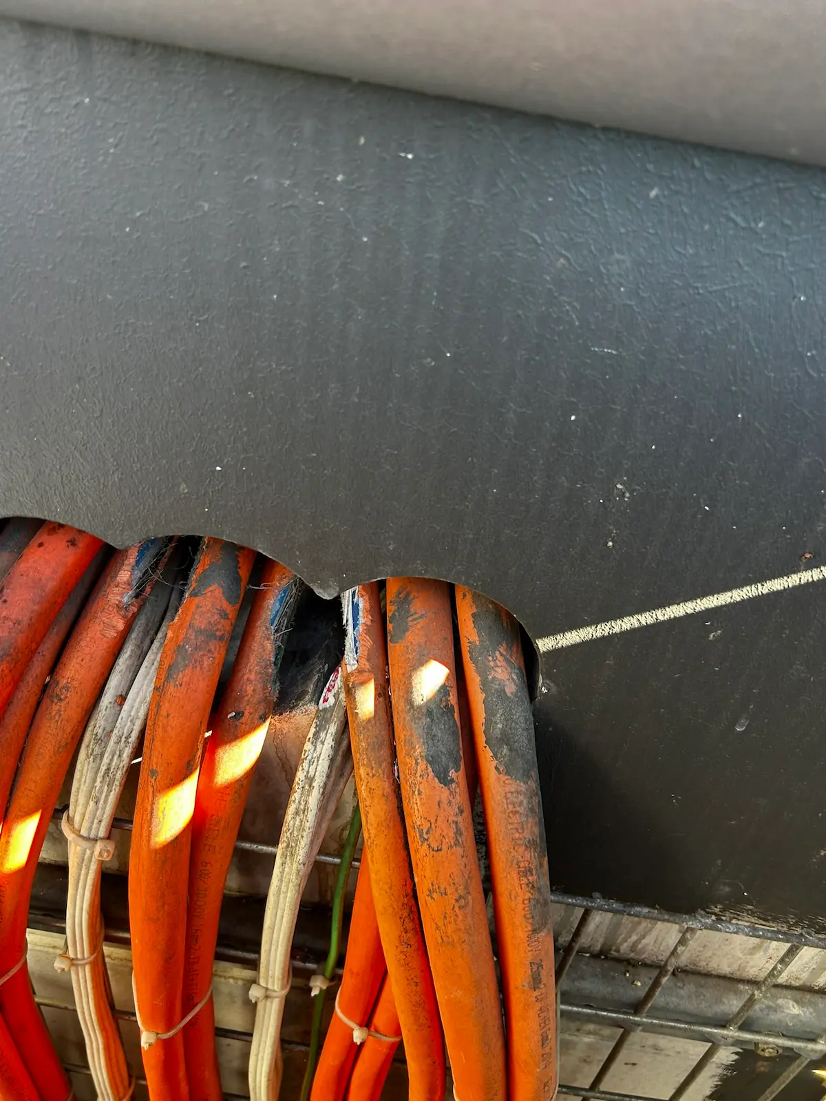 Bundle of orange conduits carrying mains cabling to a commercial switchboard
