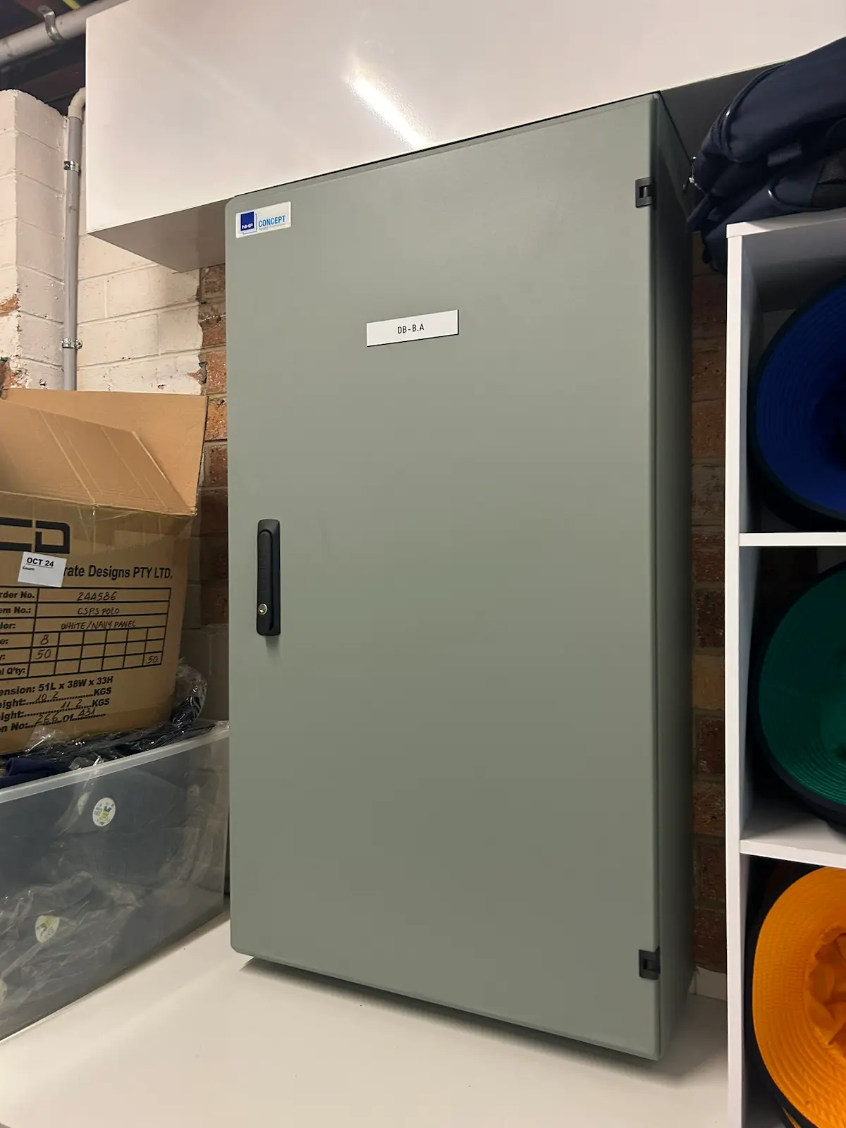 Modern grey switchboard cabinet ready for installation